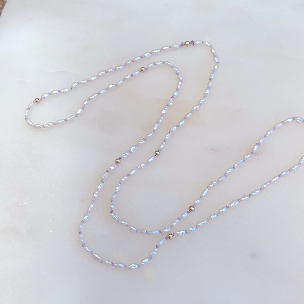 Micro fresh water pearl and 18k gold bead hand knotted silk necklace